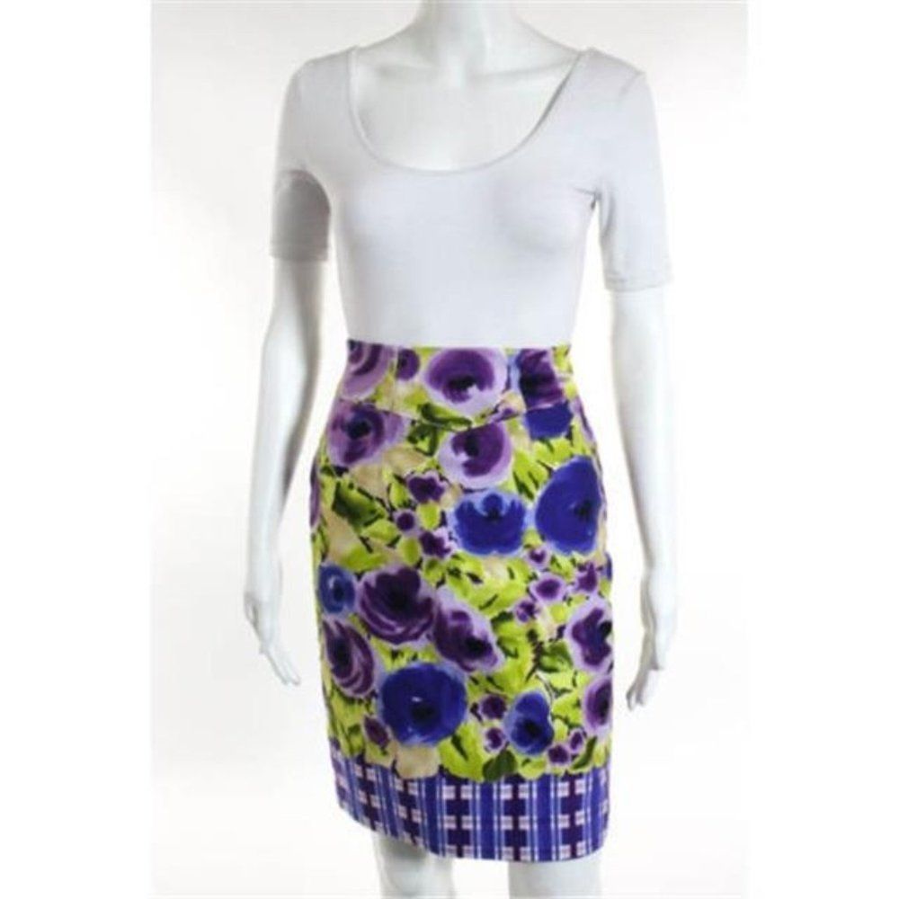 Anthropologie Baraschi Multi Floral Plaid Pencil Skirt Size 0 - Picture 3 of 9